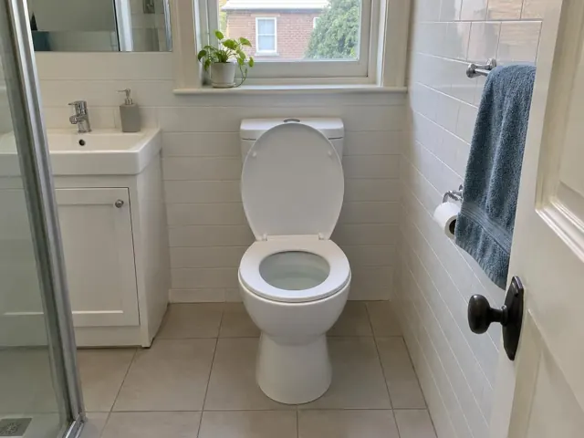Clean white toilet in a tiled bathroom beside a vanity and window in Double Bay