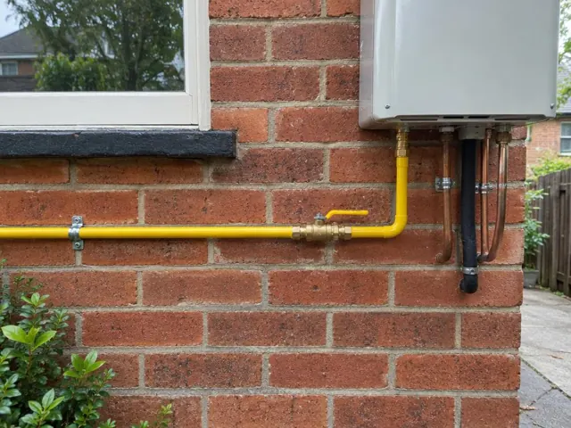 Yellow gas pipe and fittings on a brick exterior wall beneath a window in Double Bay